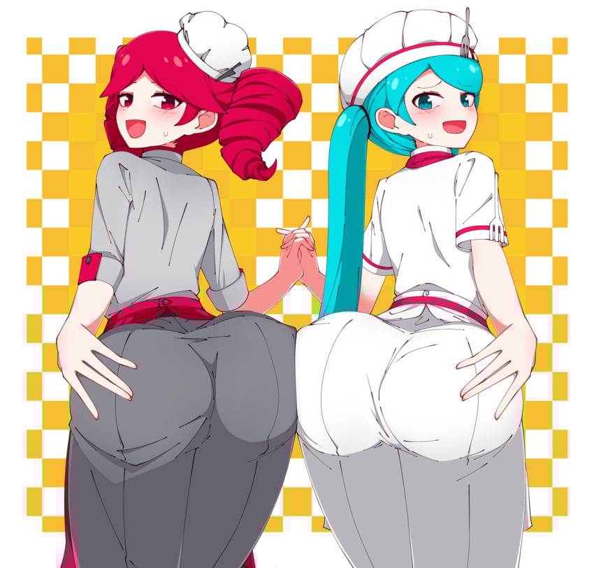 2d 2d_(artwork) 2girls ass ass_focus back back_view big_ass blue_eyes blue_hair blush blush_lines bottom_heavy chef chef_hat chef_uniform clothed clothed_female clothing curvaceous curvy curvy_female curvy_figure female female_focus female_only fully_clothed hand_on_ass hand_on_butt hatsune_miku holding_hands huge_ass kasane_teto kasane_teto_(sv) large_ass looking_back nazunobasho nervous nervous_smile obsolete_meat open_mouth presenting_ass red_eyes red_hair simple_background sweat sweatdrop sweating synthesizer_v thick_thighs thighs twin_drills twintails utau vocaloid wide_hips