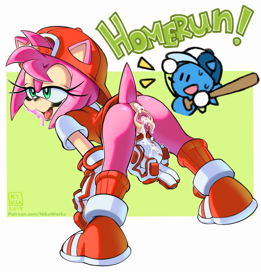 all-star_amy amy_rose ass baseball baseball_cap baseball_uniform bent_over bottomless bubblegum butthole cap clothing coolblue cum cum_in_ass cum_in_pussy emerald_eyes eye_black female_ejaculation green_eyes orgasm pink_fur pink_hair presenting_hindquarters pussy slugger_sonic sonic_(series) sonic_the_hedgehog_(series)