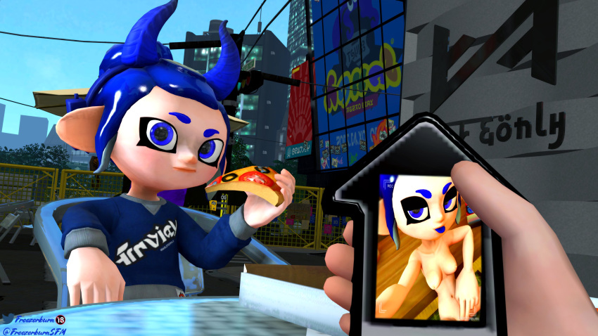 3d blue_eyes blue_hair breasts dev_(freezerburn) food freezerburnsfm nipples octoling octoling_girl original_character phone photo picture pizza pov public raised_eyebrow selfie sfm source_filmmaker splatoon splatoon_2 table tease