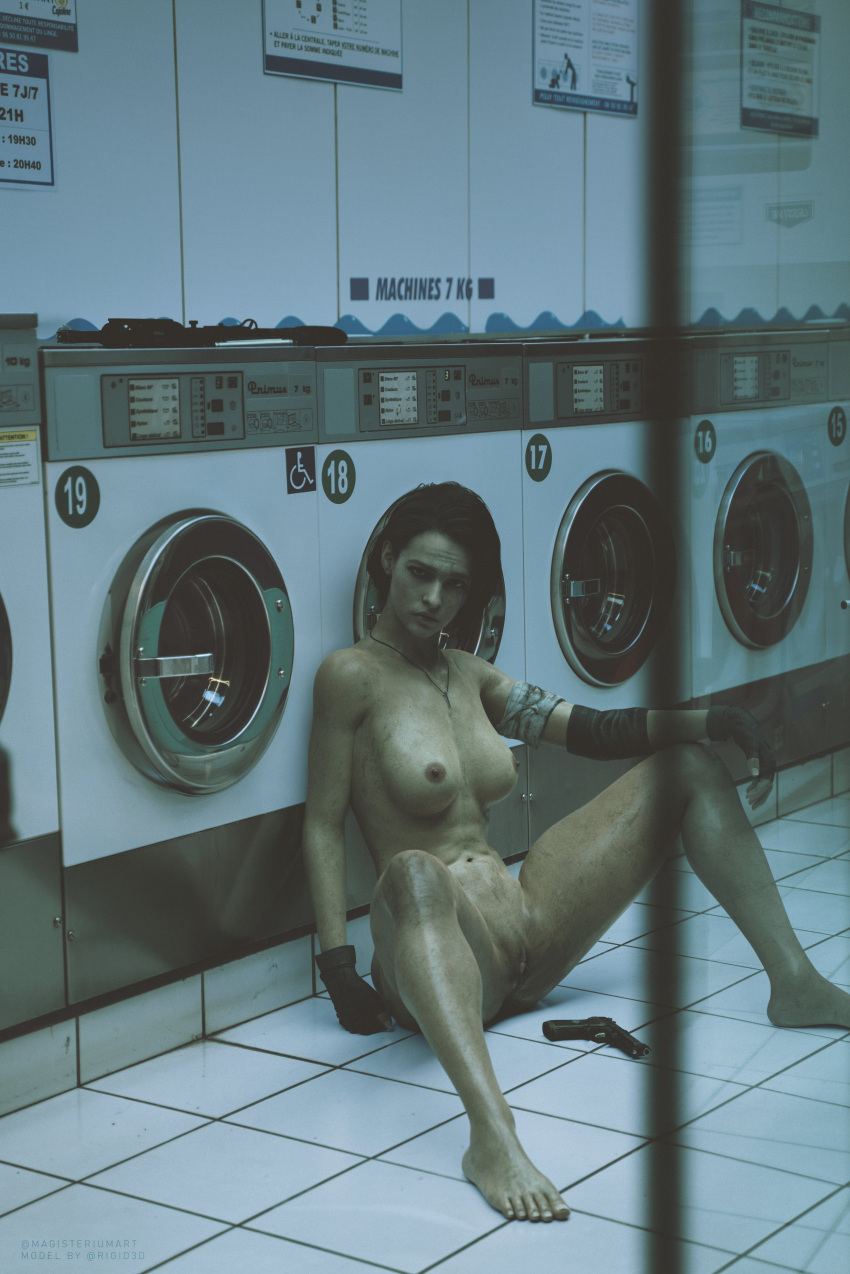 3d barefoot breasts capcom casual feet female firearm handgun handwear human jill_valentine jill_valentine_(sasha_zotova) laundromat magisteriumart neckwear nude nude_female pale_skin public resident_evil resident_evil_3 resident_evil_3_remake short_hair sitting solo washing_machine weapon