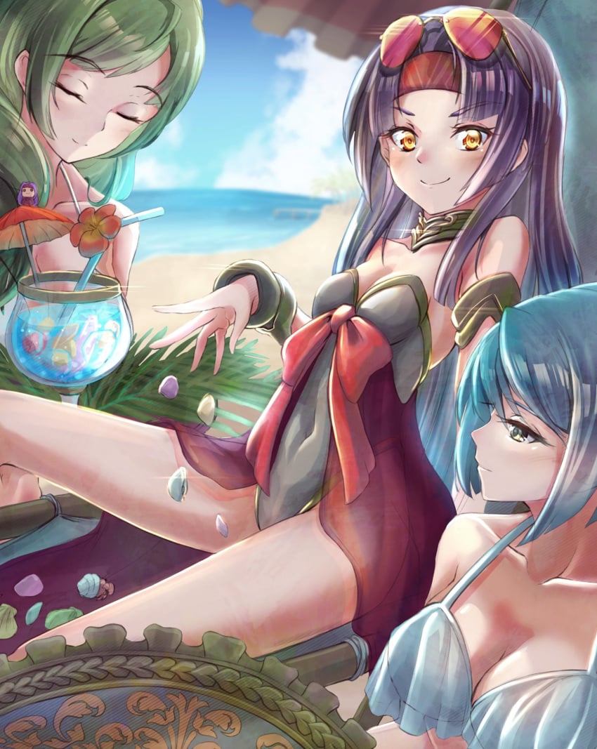 3girls alternate_costume amber_eyes beach beach_chair beach_umbrella bikini bikini_top black_swimsuit blue_hair bracelet catalena_(fire_emblem) choker clear_glass_(mildmild1311) cleavage closed_eyes cyan_hair drink empress fire_emblem fire_emblem:_path_of_radiance fire_emblem:_radiant_dawn fire_emblem_heroes headband light-skinned_female looking_at_viewer nintendo one-piece_swimsuit one_piece_swimsuit only_female purple_hair sanaki_kirsch_altina seashell servant serving_tray sigrun_(fire_emblem) sunglasses sunglasses_on_head swimsuit white_bikini white_swimsuit