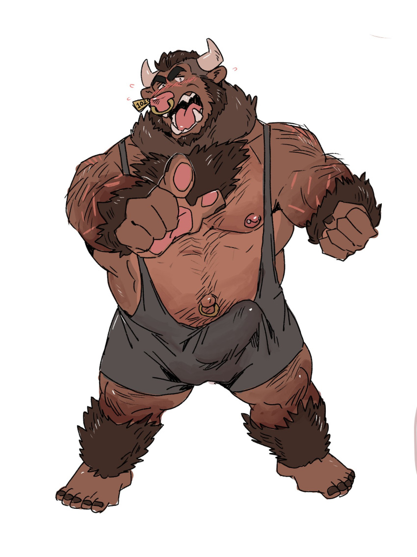 2022 anthro bearwivme belly blush bovid bovine brown_body brown_fur bulge cattle clothed clothing erection erection_under_clothing facial_piercing fur genital_outline hi_res humanoid_hands male mammal musclegut nipples nose_piercing nose_ring overweight overweight_male penis_outline piercing simple_background solo white_background