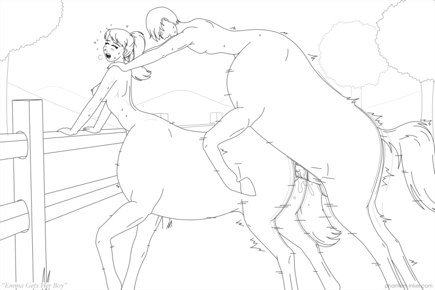 bodily_fluids centaur duo equid equid_taur female from_behind_position happy happy_sex humanoid_taur line_art male male/female mammal mammal_taur mounting outdoor_sex outside penetration phantom_inker sex sweat taur vaginal_penetration vaginal_penetration