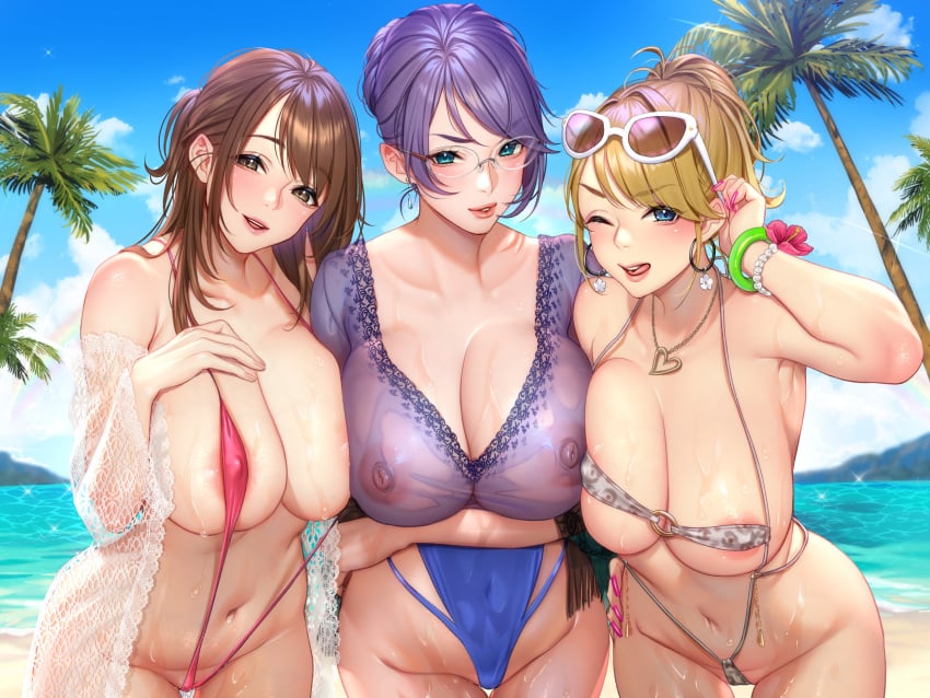 3girls absurd_res adjusting_hair aqua_eyes areolae bare_shoulders beach big_breasts bikini blonde_hair blue_eyes blush bracelet breasts brown_eyes brown_hair busty clavicle cleavage clothing covered_erect_nipples curvaceous curvy_female earrings erect_nipples erect_nipples_under_clothes eyebrows_visible_through_hair eyewear_on_head female hair_between_eyes heart heart_necklace hi_res hoop_earrings huge_breasts jewelry large_breasts light-skinned light-skinned_female lips looking_at_viewer masami_chie mature mature_female micro_bikini midriff multiple_girls nail_polish navel nipples ocean oerba_yun_fang one-piece_swimsuit one_eye_closed open-mouth_smile open_mouth original parted_lips pink_lips purple_hair see-through see-through_shirt shiny_skin sky sling_swimsuit smile sunglasses sunglasses_on_head swimsuit teeth thighs tongue tongue_out voluptuous wet wet_body wet_clothes wet_swimsuit wink