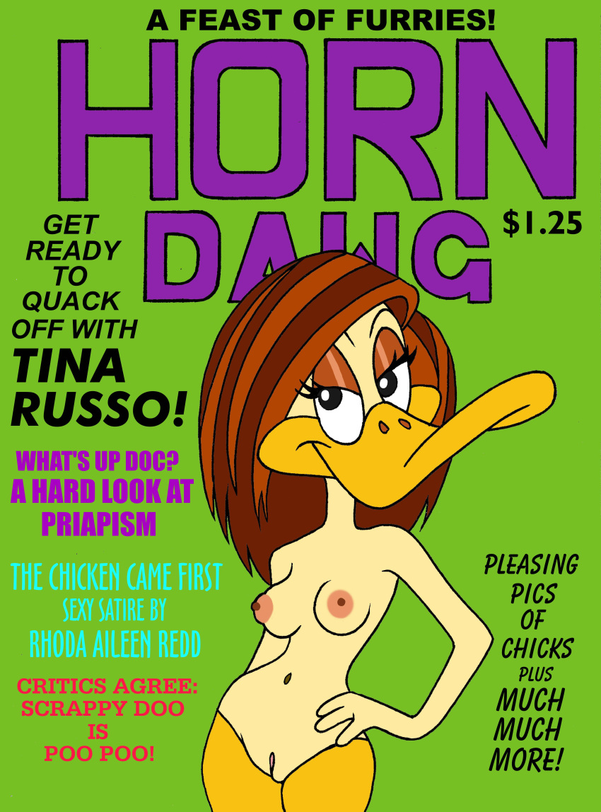 anthro avian beak brown_hair duck english_text eyelashes female furry hand_on_hip large_breasts long_hair looney_tunes nude solo straight_hair the_looney_tunes_show tina_russo toonytease warner_brothers