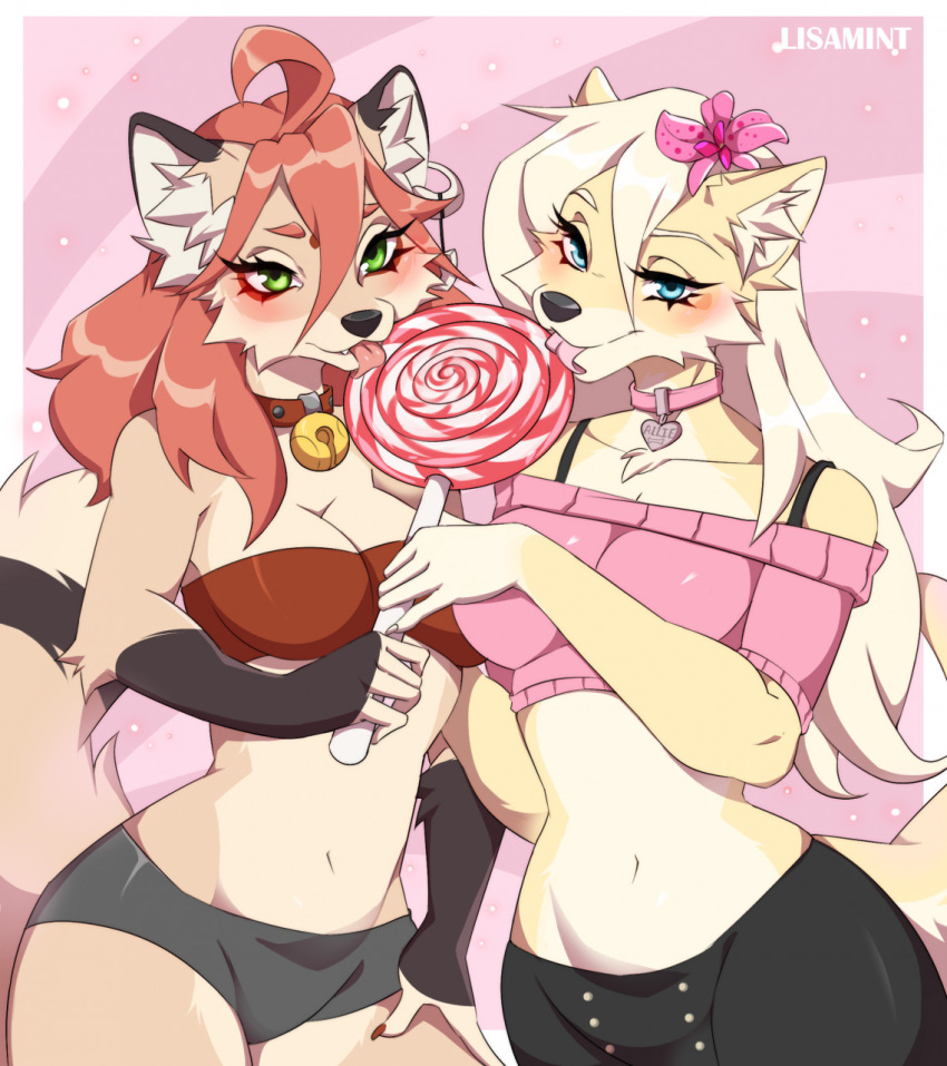 2girls allie_(alysthewolf) allie_von_schwarzenbek alysthewolf animal_ears anthro blue_eyes cleavage collar female female_only flower_in_hair food fox_ears fur furry furry_only green_eyes lolipop long_hair no_humans no_visible_nipples orange_hair pink_background pink_flower tongue_out white_hair wide_hips yellow_fur