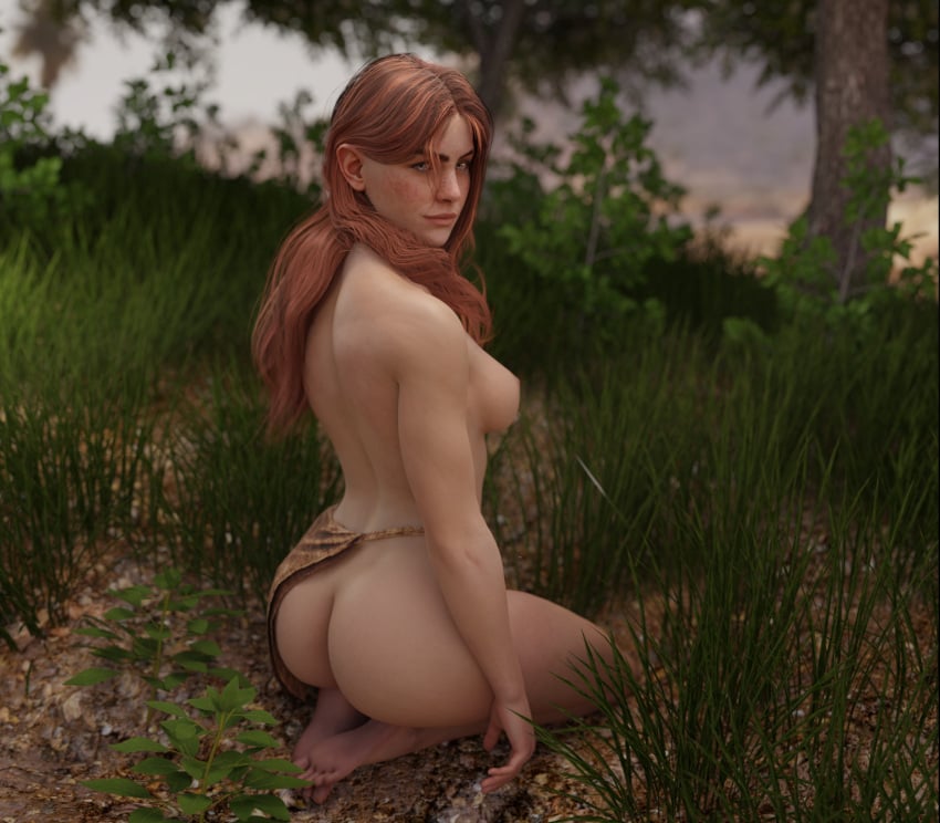 1girls 3d aloy alternate_hairstyle casual emberstock female female_only grass guerrilla_games horizon_zero_dawn human kneeling loincloth looking_at_viewer muscular muscular_female nipples on_knees outdoor outdoors pale_skin red_hair sitting solo sony_interactive_entertainment topless woods