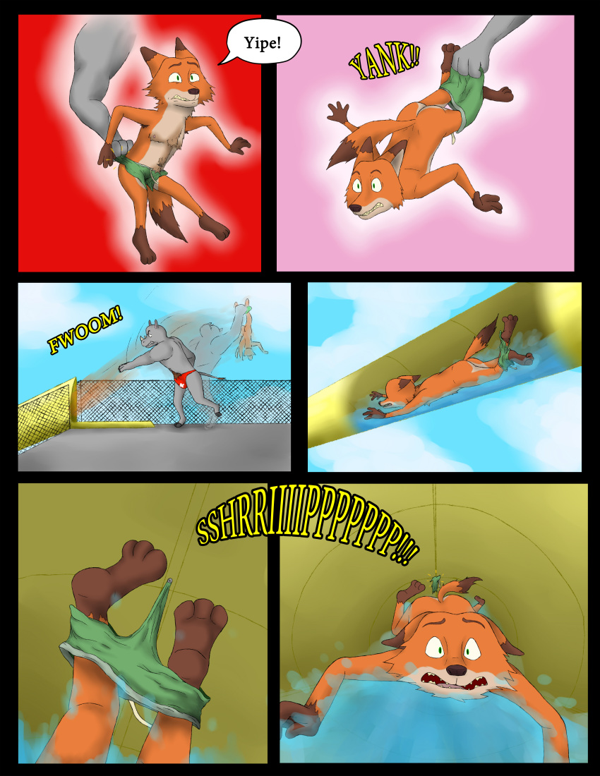 absurd_res accidental_exposure accidental_nudity amusement_park angry anthro ass assisted_exposure big_butt canid canine comic disney duo fox gerryseinfeld hi_res lifeguard male mammal muscular muscular_male nick_wilde nude pain pants_down pantsing punishment rhinocerotoid slide stripped swimsuit throwing_character wardrobe_malfunction water_park water_slide zootopia zootropolis