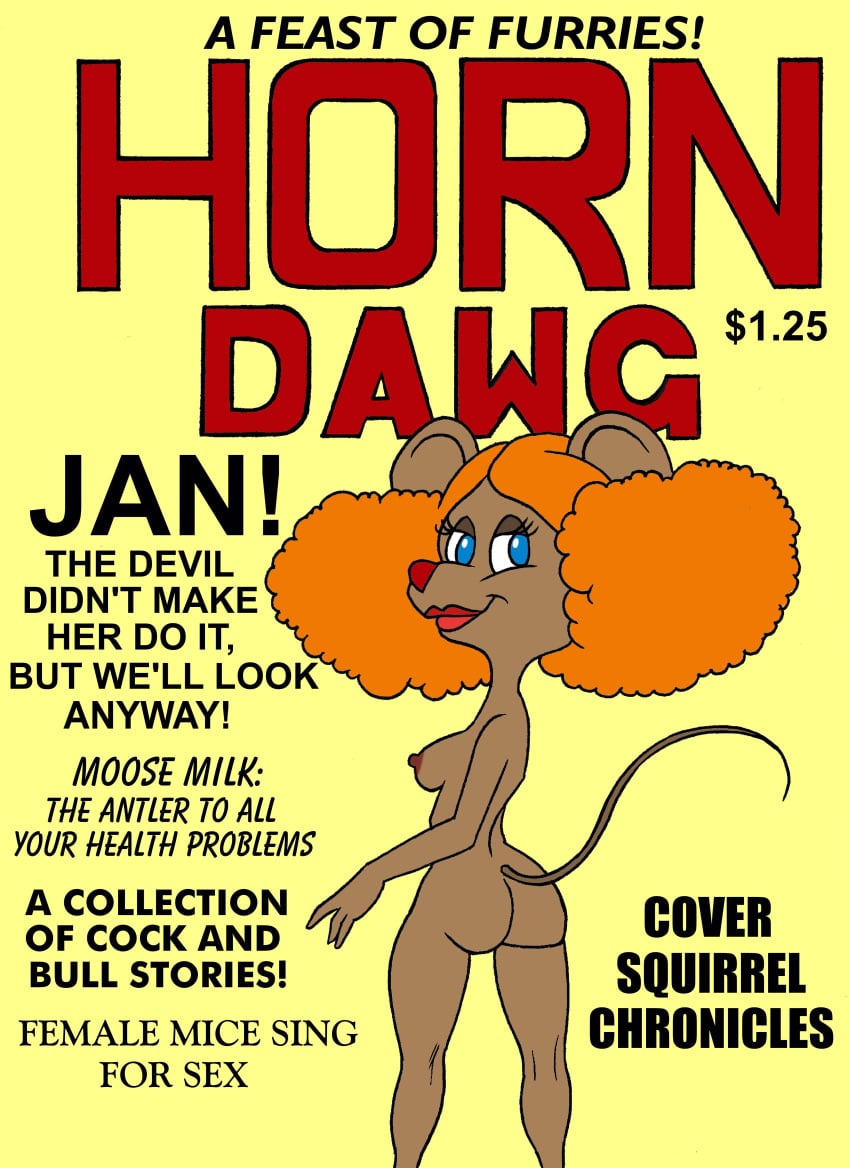 anthro blue_eyes brown_hair curly_hair english_text erect_nipples eyelashes female furry jan_mouse orange_hair solo tail the_devil_and_daniel_mouse toonytease