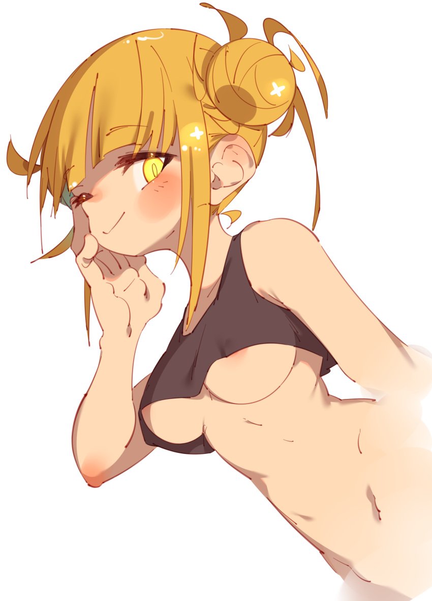 absurdres areola_slip areolae bags_under_eyes bangs blonde_hair blunt_bangs blush breasts closed_mouth crop_top double_bun female hair_up hand_on_own_cheek hand_on_own_face highres himiko_toga looking_at_viewer medium_breasts messy_hair midriff my_hero_academia narrowed_eyes no_bra rasusurasu shirt short_hair short_sleeves sidelocks simple_background slit_pupils smile solo stomach tank_top underboob upper_body white_background yellow_eyes