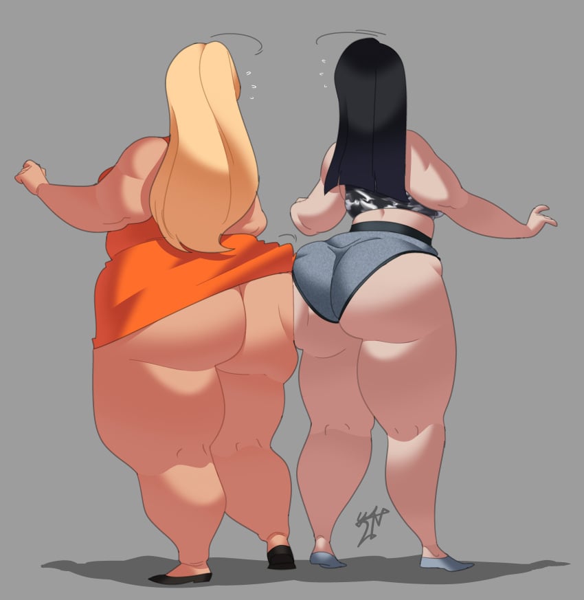 2girls ass ass_to_ass big_ass black_hair blonde_hair boris_grim clothed clothing danipumpkinzz dat_ass dress duo faceless faceless_female faceless_human female female_only hair huge_ass human human_only k large_ass long_hair massive_ass orange_dress panties superthickjess thick_thighs underwear