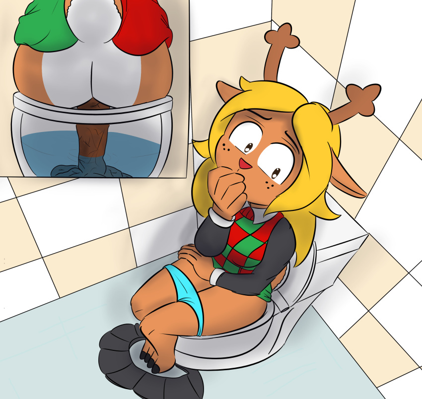 absurd_res anthro antlers bathroom blonde_hair bottomwear capreoline cervid christmas christmas_clothing christmas_sweater christmas_topwear clothed clothing deltarune digital_media_(artwork) feces female freckles hair hi_res holidays horn mammal nervous noelle_holiday notmypornaccount panties panties_around_thighs panties_down partially_clothed public_restroom reindeer restroom_stall scat scat sitting skirt skirt_down solo sweater toilet toilet_use topwear undertale_(series) underwear underwear_down video_games