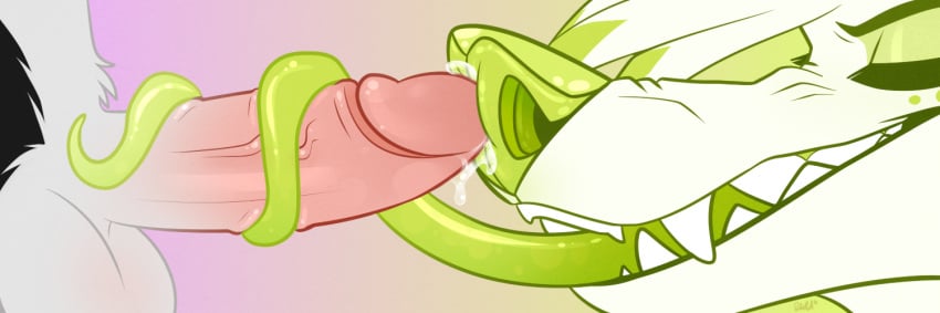 anthro balls female green_markings long_tongue male nasal_penetration nose nose_fuck noseplay penis precum sharp_teeth shiny_penis squishy_nose starbeforedawn_(artist) white_fur