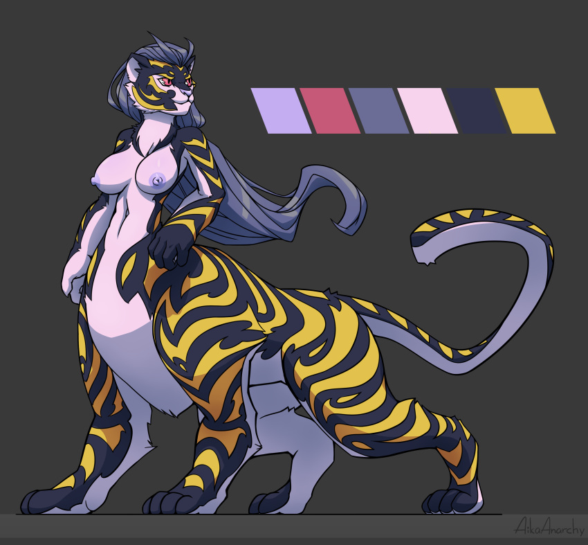 absurd_res aikaanarchy big_breasts black_body black_fur black_hair breasts centaur centaur_onyx equid equid_taur felid female fur hair hi_res humanoid_taur mammal mammal_taur model_sheet pantherine purple_body purple_fur red_eyes solo taur tiger yellow_body yellow_fur