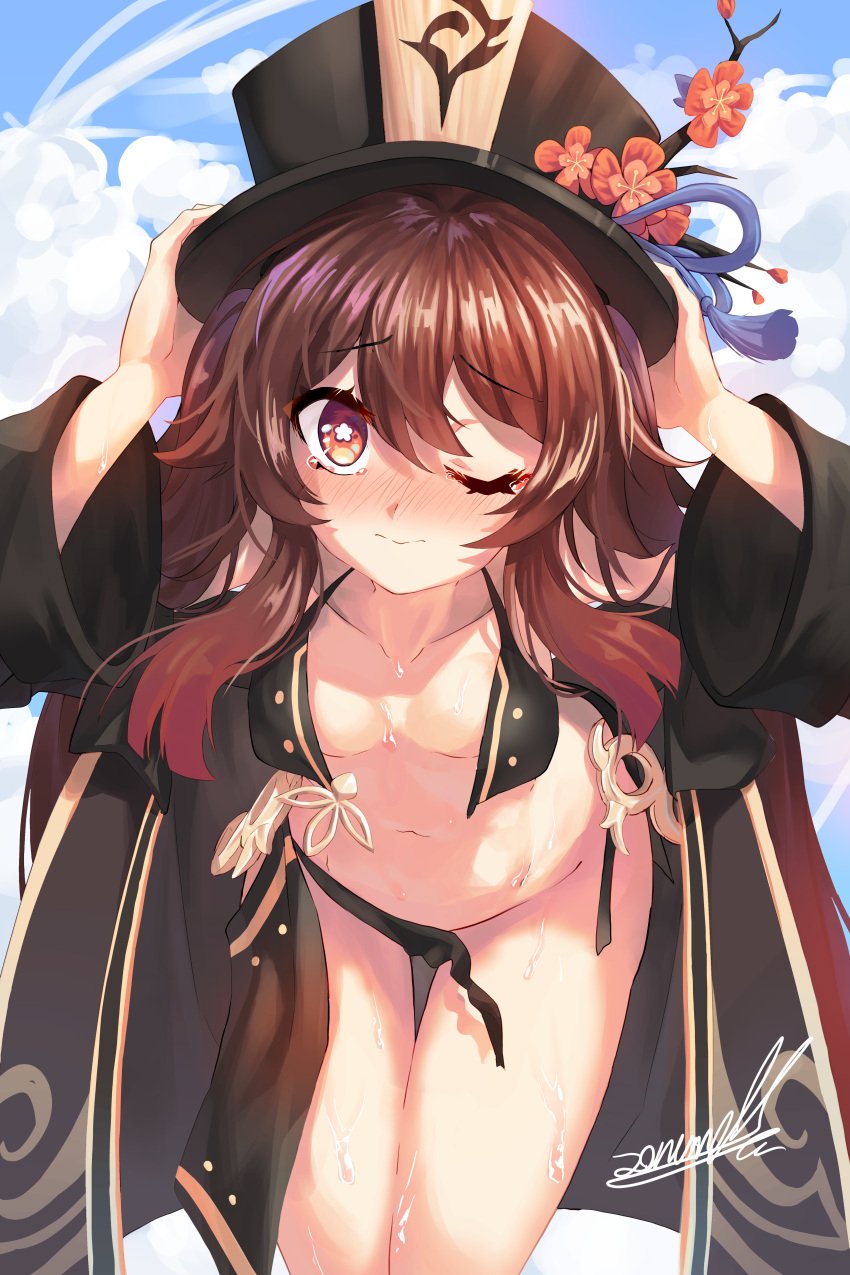 absurdres bent_over bikini black_bikini blush brown_hair female female genshin_impact hand_on_headwear hat highres hu_tao_(genshin_impact) long_sleeves looking_at_viewer navel one_eye_closed open_clothes red_eyes swimsuit symbol-shaped_pupils tears top_hat twintails wardrobe_malfunction wet zonunoll