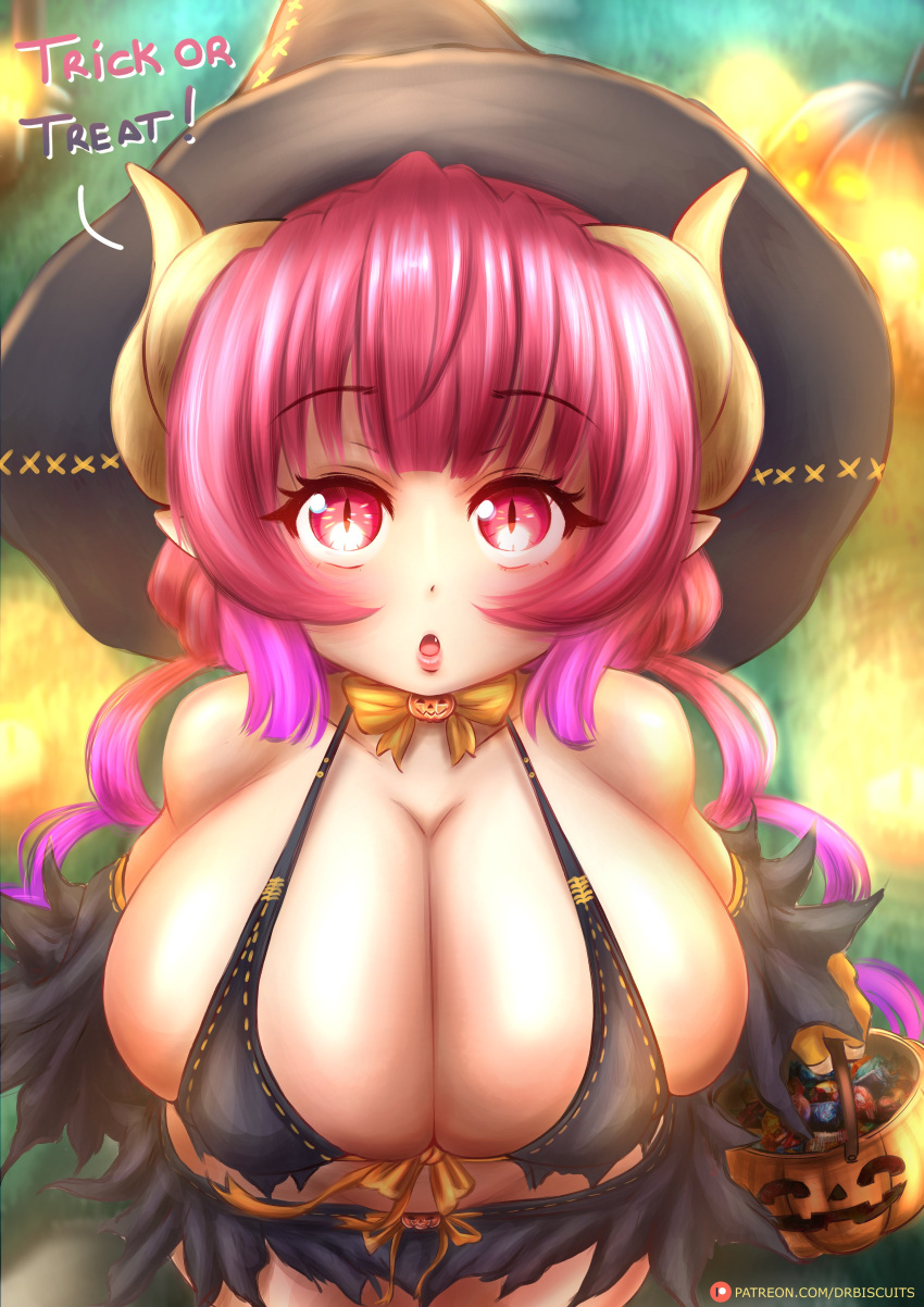 1girls big_breasts breasts breasts candy candy_cane dialogue dr.biscuits dragon dragon_girl drill_hair english english_text fangs female female female_only hair halloween halloween_costume horn horned_humanoid horns huge_breasts humanoid ilulu_(dragon_maid) kobayashi-san_chi_no_maidragon large_breasts looking_at_viewer miss_kobayashi's_dragon_maid oerba_yun_fang open_mouth pink_eyes pink_hair pov pov_eye_contact pumpkin ribbon smaller_female solo solo_female solo_focus tight_clothing two_tone_hair witch witch_hat