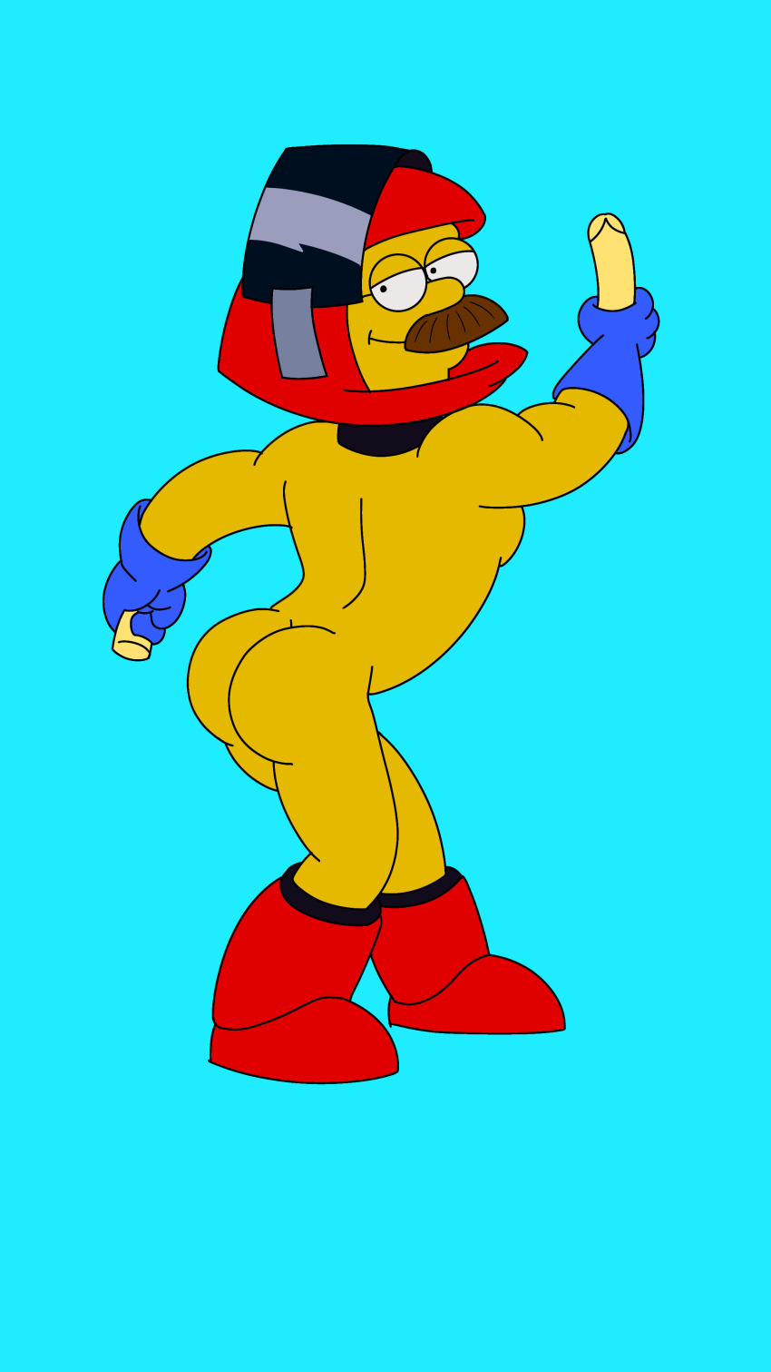 1boy ass blue_gloves dildo dildo_in_hand eyewear gay holding_dildo looking_back male male_only ned_flanders nude red_helmet self_upload small_ass solo solo_male stupid_sexy_flanders super_clark tagme the_simpsons yellow_skin