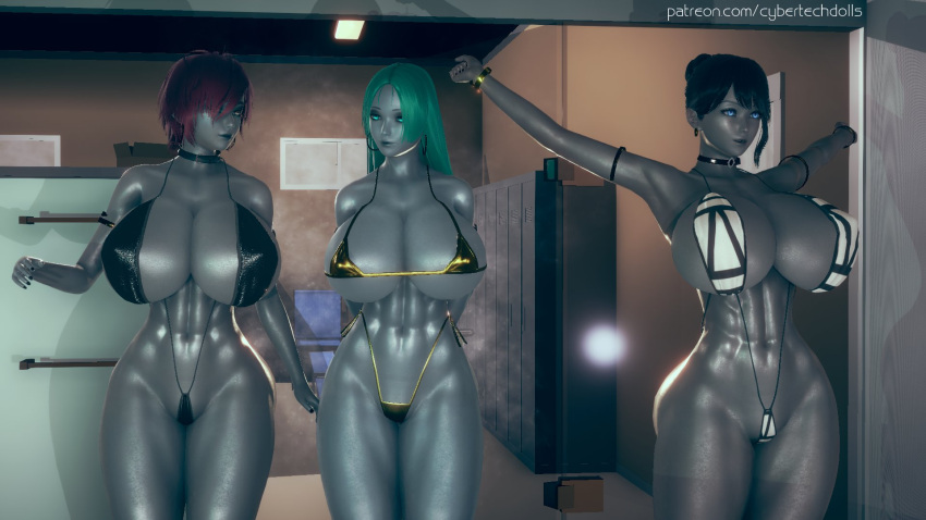 android bikini black_hair blue_eyes cybertechdolls gold_bikini green_eyes green_hair grey_skin hair_bun huge_breasts locker_room red_hair robot robot_girl shiny_skin short_hair sling_bikini yellow_eyes