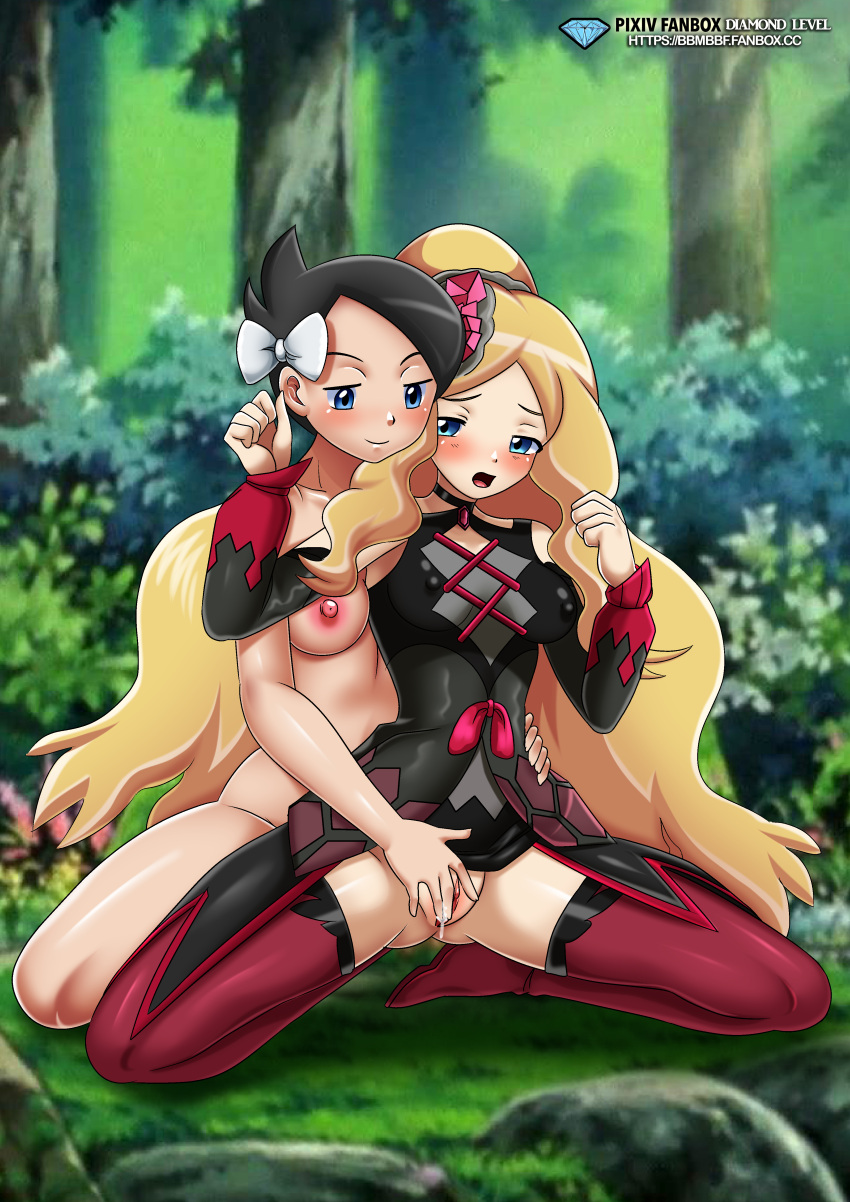 2girls alternate_costume bbmbbf caitlin_(fall_2021)_(pokemon_masters) caitlin_(pokemon) couple diamond_level female female_focus female_only fingering marley_(pokemon) multiple_girls official_alternate_costume palcomix pietros_secret_club pokemon pokemon_bw pokemon_dppt pokemon_masters pussy vaginal_penetration yuri