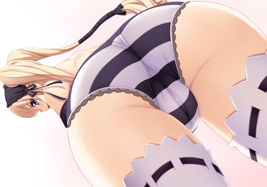 ass bent_over black_headwear blonde_hair blue_eyes cameltoe ekaterina_kurae female female female_focus from_behind fujirin hair_ornament headband highres long_hair looking_at_viewer looking_back open_mouth panties seikon_no_qwaser simple_background solo solo_focus striped striped_panties thick_thighs thighhighs thighs twintails underwear white_background white_legwear