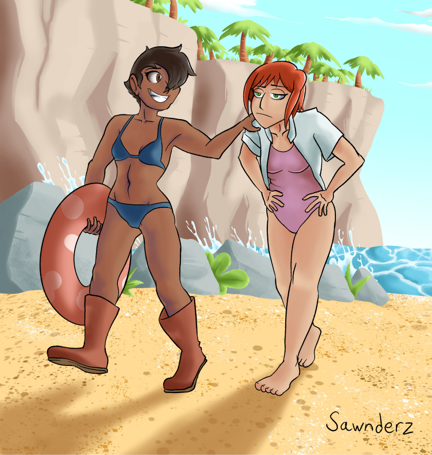 beach bikini bwooper1 dark_skin one-piece_swimsuit red_hair swimsuit swimwear