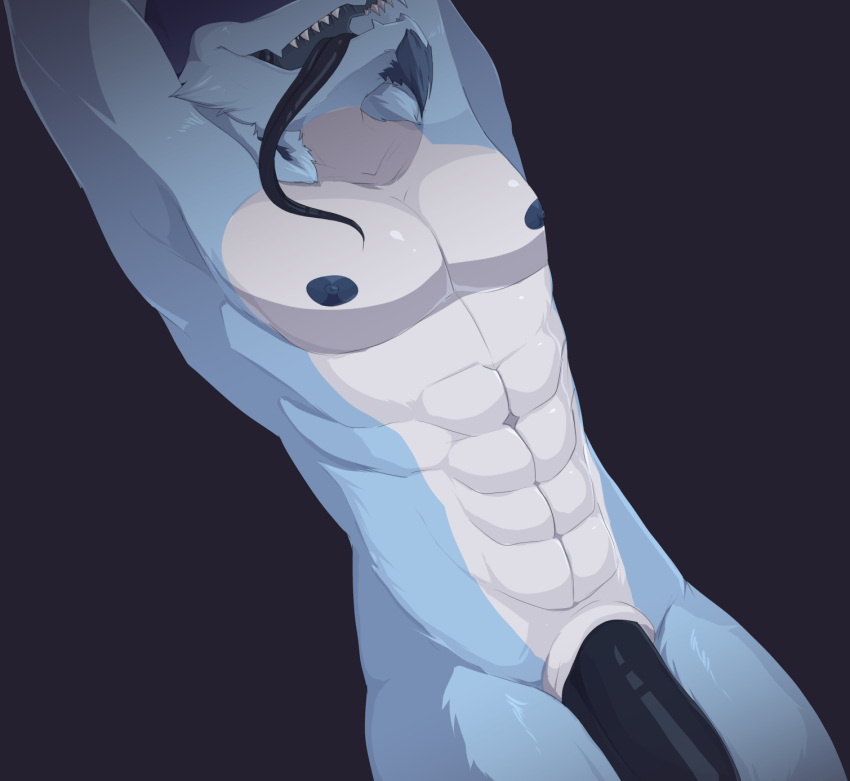 abs ace_(kamex) animal_genitalia animal_penis anthro big_penis blue_body blue_fur bovid caprine digital_media_(artwork) dragon fur genitals hi_res huge_cock hybrid hyper hyper_genitalia hyper_penis long_tongue lying male mammal muscular muscular_anthro muscular_male nipples nude on_back open_mouth pecs penis simple_background sinna_roll smile solo thick_thighs tongue tongue_out