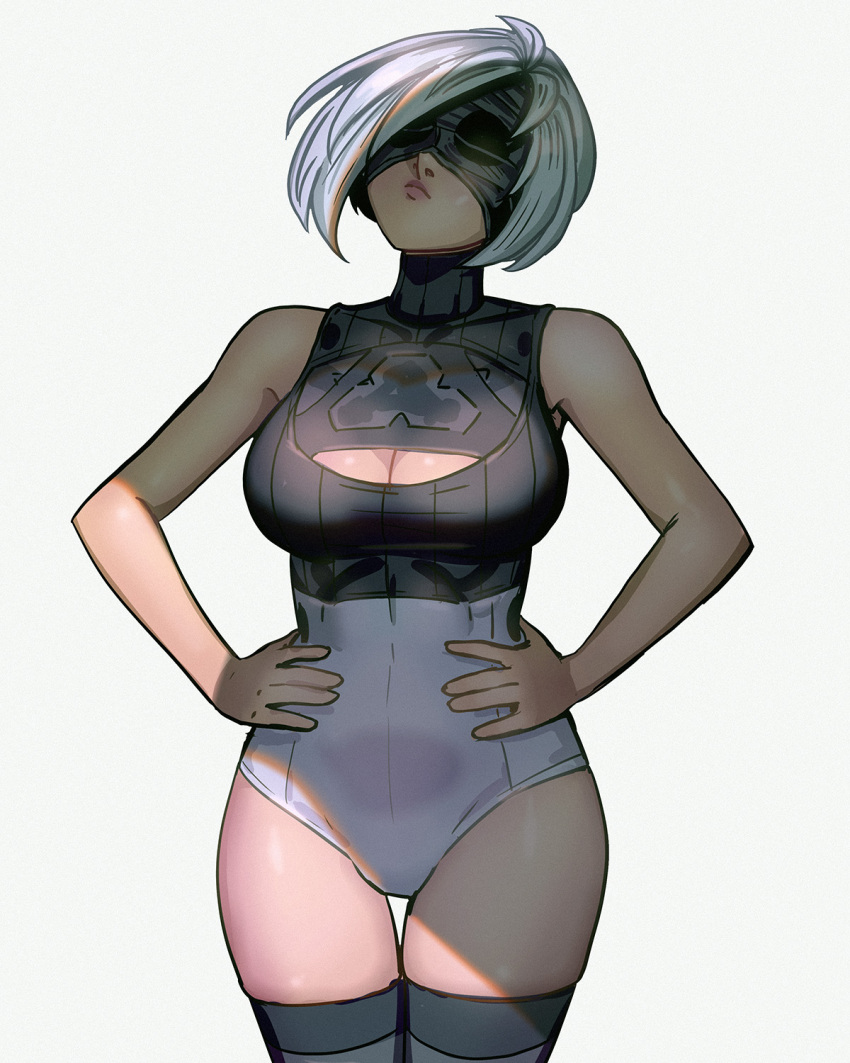 black_blindfold blindfold breasts davecavedraws female female_focus female_only light-skinned_female light_skin nier nier:_automata short_hair solo solo_female thighs voluptuous white_hair yorha_2b