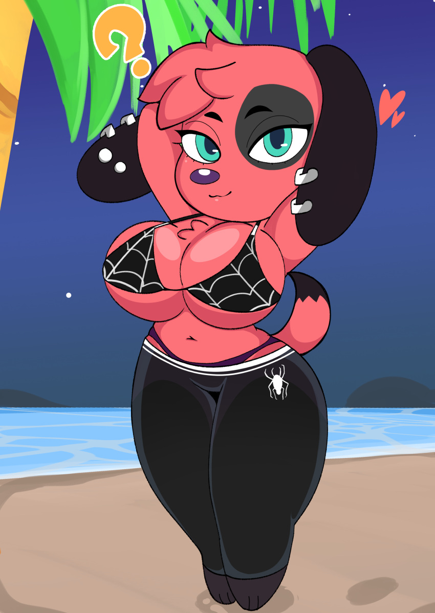 :3 ? absurd_res animal_crossing anthro beach big_breasts bikini bottomwear breasts canid canine canis cherry_(animal_crossing) clothing domestic_dog female hands_behind_back heart hi_res huge_breasts looking_at_viewer mammal nintendo onibi pants seaside smile solo swimwear video_games