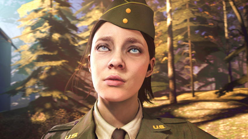 1girls akatomasu beret call_of_duty call_of_duty_ww2 clothed clothing corporal_green female female_focus hi_res highres light-skinned_female light_skin looking_up military military_hat military_uniform necktie outdoors outside soldier source_filmmaker uniform world_war_2