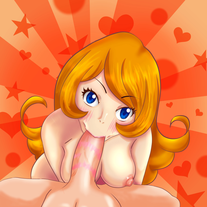 1boy absurdres assymptoad blowjob blue_eyes blush breasts brown_hair eyebrows_visible_through_hair fellatio female highres large_breasts lipstick lipstick_mark lipstick_on_penis long_hair looking_at_viewer mario_(series) mona_(warioware) navel nintendo nipples nude penis pink_lipstick red_bikini solo swimsuit tongue tongue_out warioware