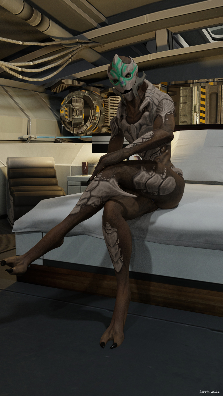 absurd_res alien ass bed bedroom blue_pussy bodypaint crossed_legs face_paint female furniture genitals green_eyes hand_on_knee hand_on_leg hi_res inside looking_at_viewer mass_effect on_bed open_mouth pussy scoota sitting solo spacecraft turian valenea_oroso vehicle video_games