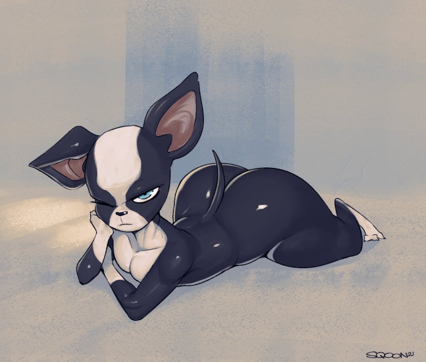 1boy 2021 anthro ass big_butt black_body black_fur blue_eyes boston_terrier canid canine canis digital_media_(artwork) digital_painting_(artwork) domestic_dog fur furry girly gradient_background grey_background hi_res huge_butt hunting_dog iggy_(jjba) jojo's_bizarre_adventure looking_at_viewer lying male mammal molosser nude on_front one_eye_closed shiny_ass shiny_body short_tail simple_background simple_shading small_molosser solo solo_male sqoon stardust_crusaders terrier thick_thighs toy_dog two_tone_body two_tone_fur white_body white_fur