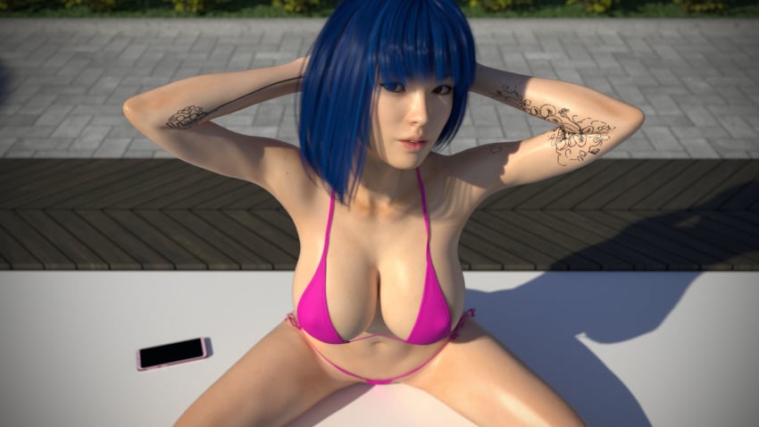 1girls 3d arm_tattoo arms_behind_head arms_up aspect3dx bikini blue_hair bob_cut female female_only front_view large_breasts looking_at_viewer minah_(aspect3dx) nipple_bulge nipples_visible_through_clothing original outdoor outdoors pinup poolside purple_bikini short_hair slushe_(website) smartphone solo tattoo tattoos viewed_from_above