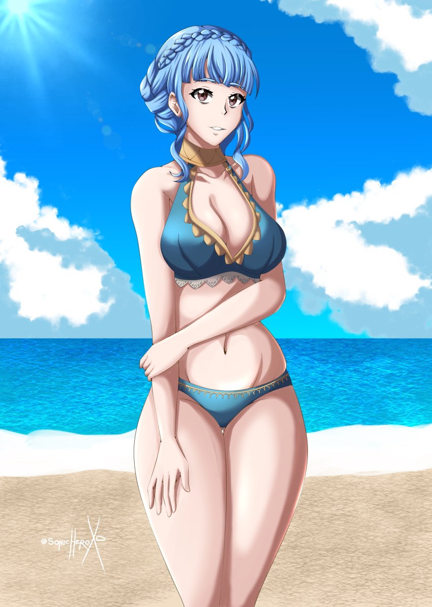 1girls alternate_costume bangs bare_legs beach blue_bikini blue_hair blue_swimsuit braid breasts brown_eyes cleavage clothed clothing female female_only fire_emblem fire_emblem:_three_houses fire_emblem_heroes large_breasts looking_at_viewer marianne_von_edmund marianne_von_edmund_(summer) nintendo ocean official_alternate_costume smile solo sonicheroxd swimsuit