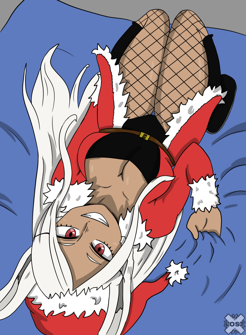 bed bunny_ears christmas christmas_outfit dark-skinned_female female godsarelost long_hair miruko my_hero_academia red_eyes rumi_usagiyama smile solo