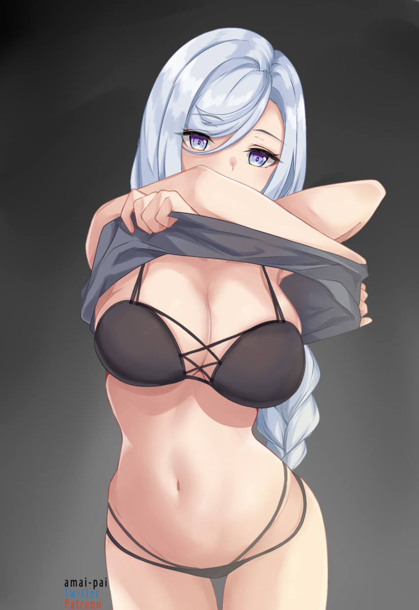 1girls abs absurd_res amai-pai belly_button big_breasts black_bra black_panties black_underwear blue_eyes blush bra braid braided_hair breasts cleavage female genshin_impact grey_background hair_over_one_eye hi_res highres hips huge_breasts human large_breasts long_hair looking_at_viewer midriff panties plain_background purple_eyes shenhe_(genshin_impact) shirt shirt_lift shirt_pull shirt_up simple_background slim_waist small_waist solo taking_clothes_off thick thick_thighs thigh_gap thighs underwear waist white_hair wide_hips