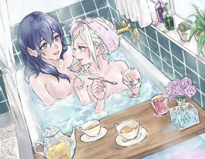 2girls bathtub blue_eyes blue_hair byleth_(fire_emblem) byleth_(fire_emblem)_(female) covering cup edelgard_von_hresvelg female_only fire_emblem fire_emblem:_three_houses ichi27ichi indoors long_hair multiple_girls nintendo nude purple_eyes shared_bathing sharing_bathtub shaved_ice spoon tea teacup teapot white_hair wholesome window yuri