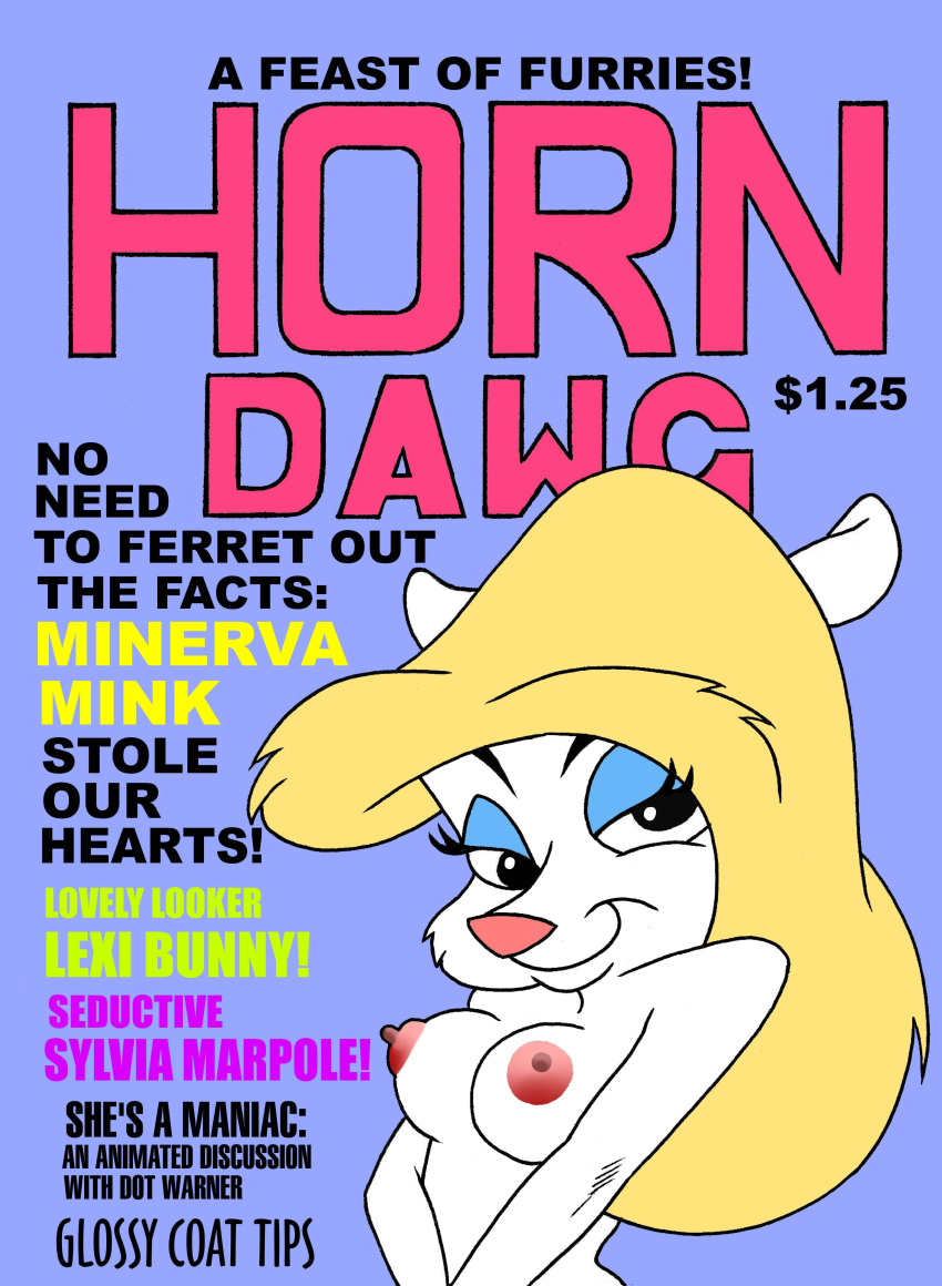 1girls animaniacs big_breasts blonde_hair breasts english_text erect_nipples eyeshadow female female_only furry furry_only magazine_cover minerva_mink mink nipples nude pinup smile solo toonytease white_fur