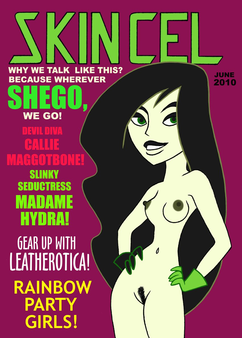 black_hair disney english_text female gloves gloves_only green_eyes kim_possible long_hair medium_breasts nipples nude pale_skin pubic_hair pussy shego solo toonytease very_long_hair