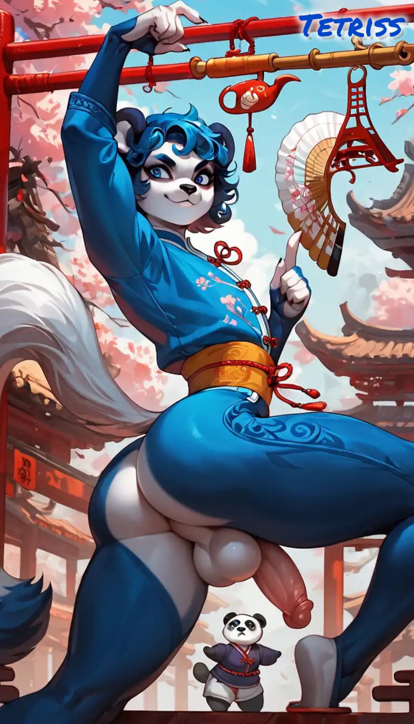 1boy 1femboy ai_generated animal_ears animal_humanoid animal_tail anthro anthro_femboy anthro_focus anthro_only asian_clothes asian_clothing ass battle_pose blue_fur clothed clothing curly_hair cute cute_face femboy femboy_focus femboy_only finger_up girly girly_boy hands_up humanoid humanoid_focus humanoid_genitalia humanoid_penis one_finger_up open_clothes panda panda_ears public public_nudity solo solo_anthro solo_femboy solo_focus tail tetriss valo_(tetriss) white_fur