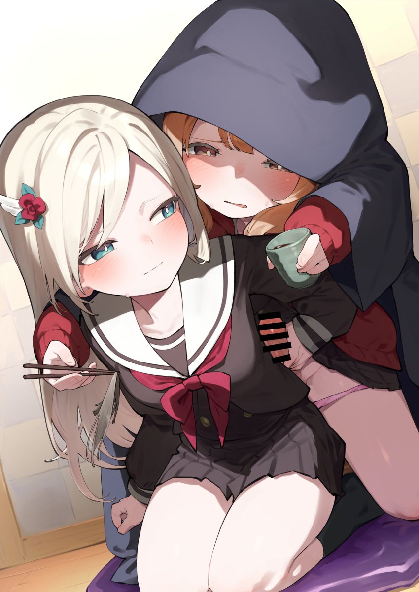 2girls absurdres aqua_eyes arm_at_side arm_behind_back bar_censor behind_another black_cloak black_socks blonde_hair blush bow bowtie breasts bright_pupils brown_dress brown_eyes censored chopsticks cloak closed_mouth clothed_sex clothes_lift commentary cropped_jacket cup cushion dress dress_lift erection flower futa_with_female futanari goe_(g-o-e) hair_flower hair_ornament half-closed_eyes handjob hands_up highres holding holding_chopsticks holding_cup holding_with_chopsticks hood hood_up hooded_cloak indoors jacket kneeling knees_out_of_frame leaning_forward long_hair long_sleeves looking_at_another looking_back medium_breasts multiple_girls no_shoes on_floor orange_hair panties panty_pull parted_bangs parted_lips penis pink_panties pleated_dress raised_eyebrows red_bow red_bowtie red_flower red_jacket red_rose rinmeikan_girls_school_uniform rose sailor_collar school_uniform seiza serafuku shaded_face shoujo_kageki_revue_starlight shoujo_kageki_revue_starlight_-re_live- sideways_glance sitting sleeveless socks stealth_handjob stealth_sex sweat sweatdrop tanaka_yuyuko tea underwear white_pupils white_sailor_collar yumeoji_fumi yunomi zabuton