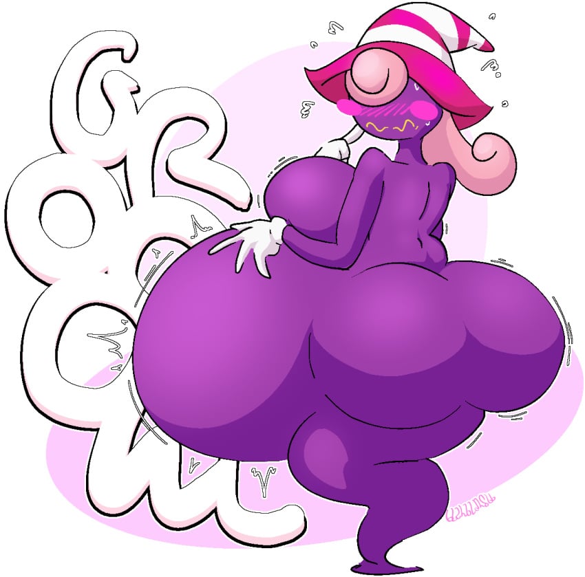 1girl belly big_ass big_belly blahblah866 blush breasts busty curly_hair female female_only gloves gradient_background hair hair_covering_eye heart_symbol hourglass_figure mario_(series) onomatopoeia paper_mario paper_mario:_the_thousand-year_door pink_hair purple_skin siren striped_hat stuffed_belly stuffing tagme text thick transparent_background vivian_(paper_mario) white_gloves witch_hat