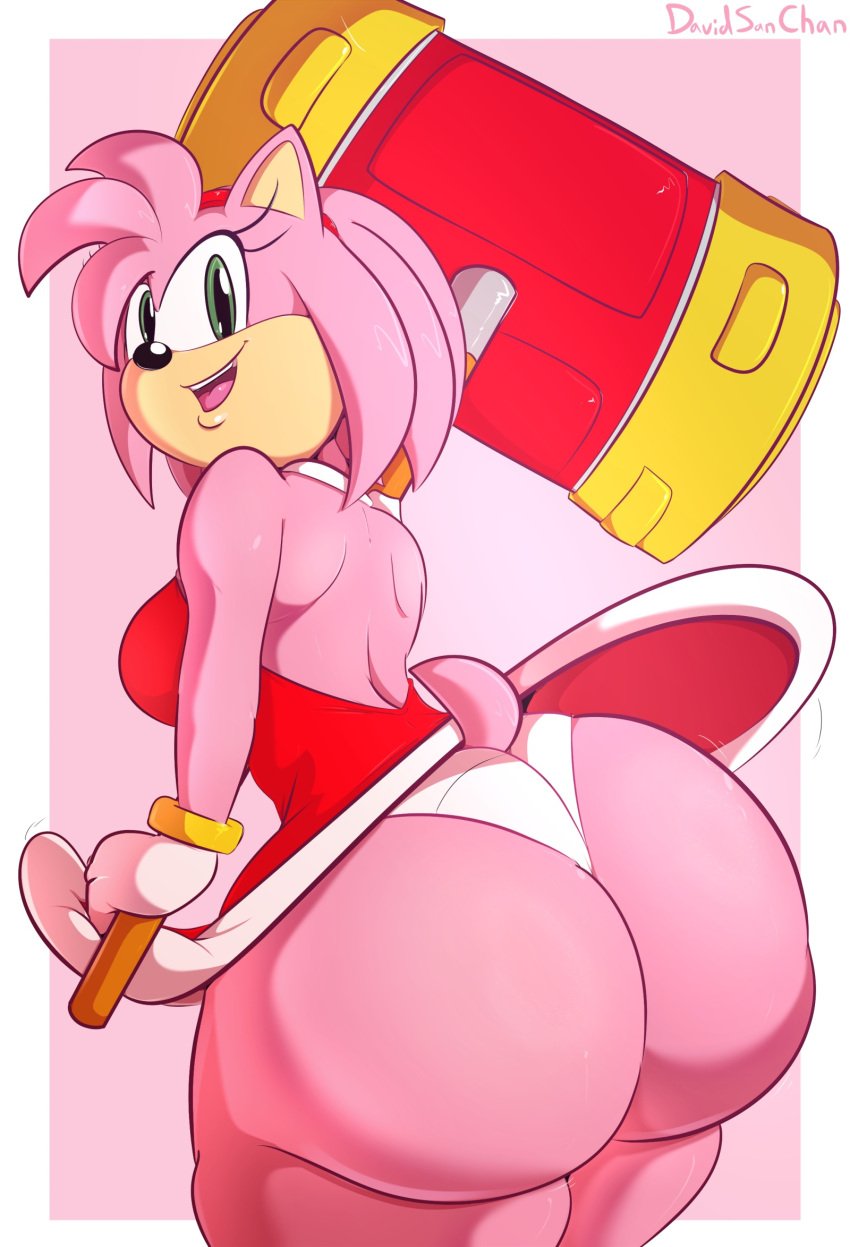 1girl amy_rose big_ass davidsanchan dress fat_ass female furry hammer huge_ass looking_back panties sega smile sonic_(series) sonic_the_hedgehog_(series)