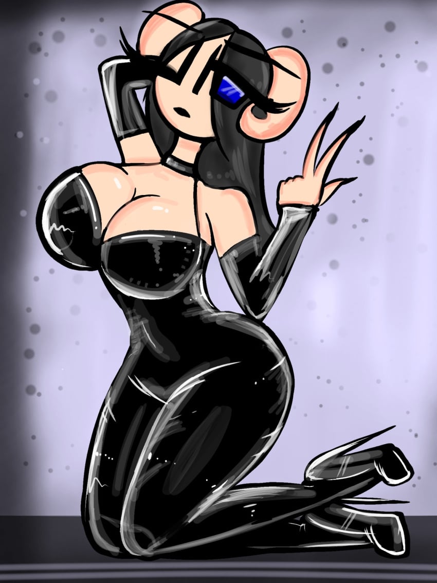 big_ass big_breasts big_breasts big_butt big_thighs black_hair black_lipstick blue_eyes choker curved_horns eyes_visible_through_hair latex latex_dress latex_gloves no_watermark one_eye_closed posing suggestive suggestive_pose unknown_artist unknown_character