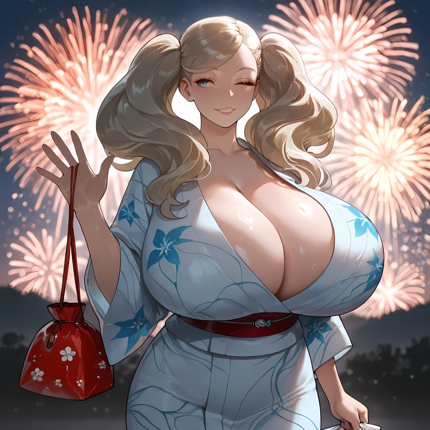 1girls absurd_res absurdres aerial_fireworks ai_generated alternate_breast_size ann_takamaki atlus bag blonde_hair blue_eyes blue_kimono breasts breasts_bigger_than_head city_lights cleavage comfyui explosion fireworks floral_print gigantic_breasts highres holding_bag holding_object huge_breasts japanese_clothes looking_at_another looking_to_the_side massive_breasts mature_female milf night night_sky one_eye_closed parted_lips persona persona_5 persona_5_royal pouch sky solo sparkler stable_diffusion summer_festival twintails venus_body video_games waving xenomon yukata