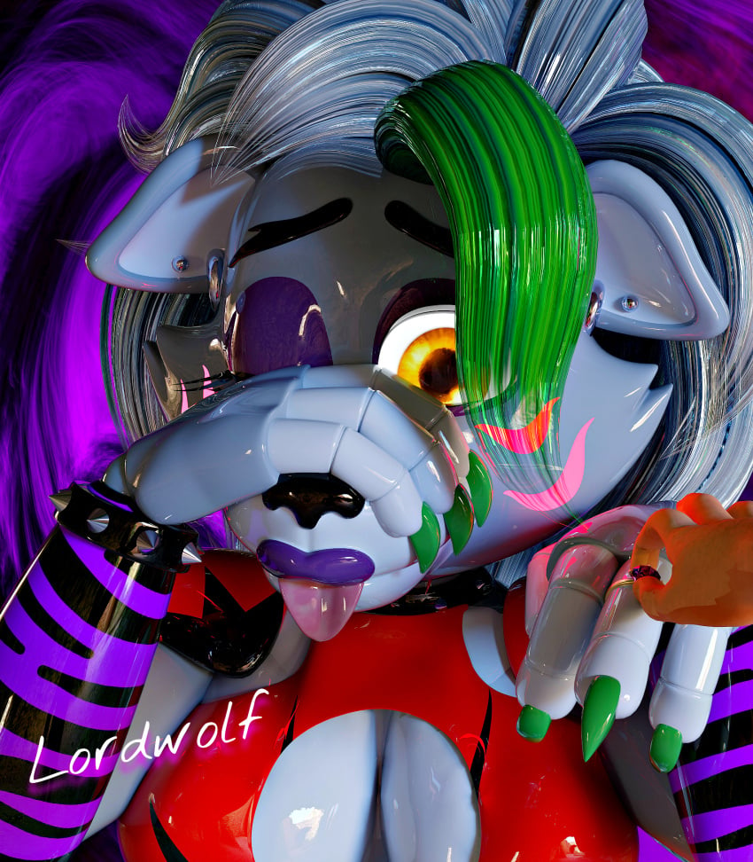 2025 3d 4_fingers animatronic anthro black_nose breasts canid canine canis claws clothed clothing digital_media_(artwork) ear_piercing ear_ring eyebrows female fingers five_nights_at_freddy's five_nights_at_freddy's:_security_breach flashlight genitals glistening glistening_body green_claws green_highlights grey_hair hair hi_res highlights_(coloring) lipstick looking_at_viewer lordwolf machine makeup mammal nipples piercing pointy_ears prick_ears purple_lipstick ring_piercing robot robot_anthro roxanne_wolf roxanne_wolf_(coolioart) scottgames steel_wool_studios wolf yellow_eyes