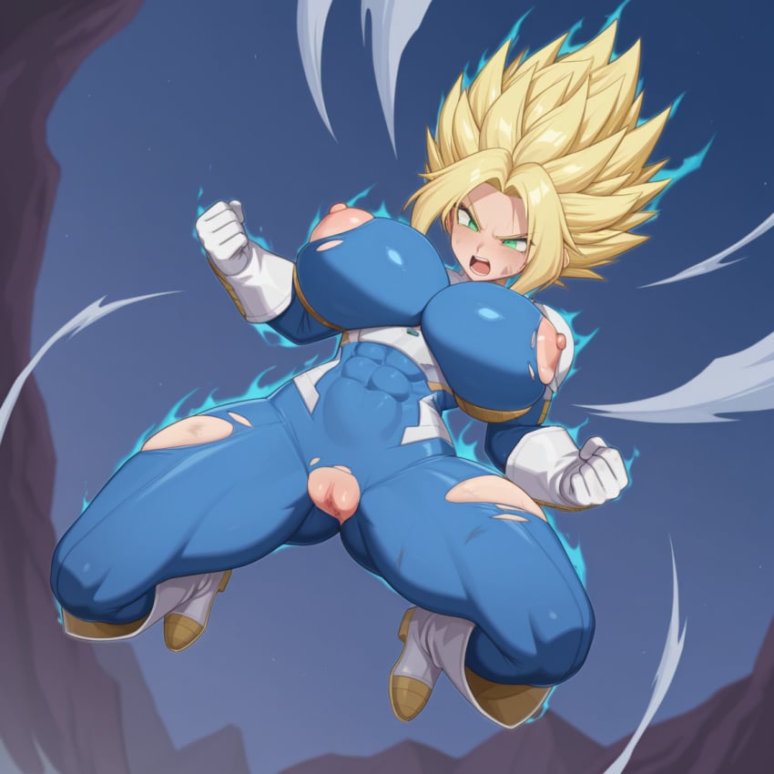 1girl ai_generated blonde_hair blue_tights, buff c.c.leah enigma_of_sepia genderbent huge_breasts huge_thighs mobile_game muscular_female super_saiyan vespera vespera_(enigma_of_sepia)