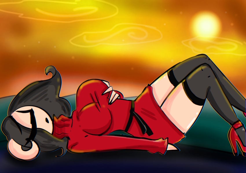 black_hair closed_eyes curved_horns curves female female_only high_thighs one_hand_on_breast one_hand_on_the_ground red_high_heels relaxing stockings unknown_artist unknown_character