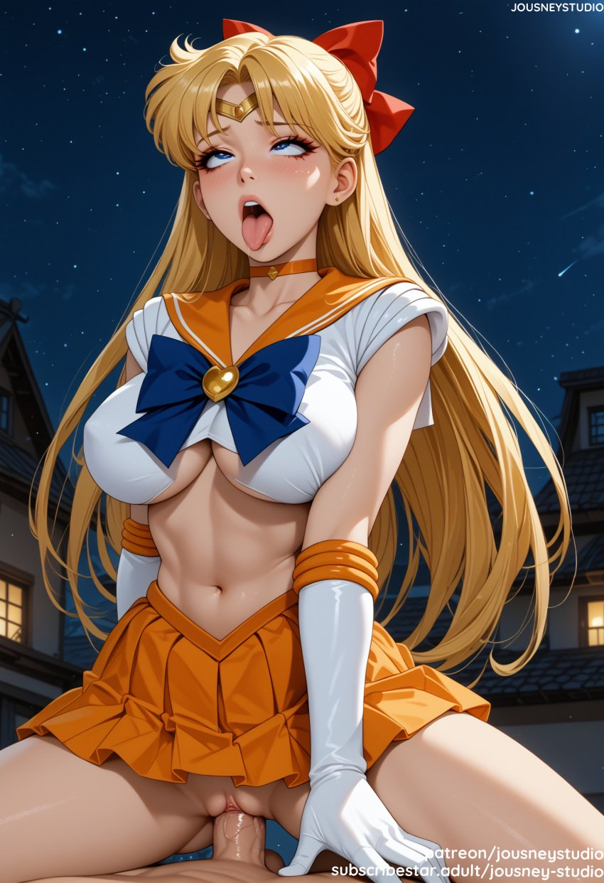 1boy ahe_gao ai_generated aino_minako areolae bangs bishoujo_senshi_sailor_moon blonde_hair blue_bow blue_eyes blue_sailor_collar blue_skirt blush bow bowtie breasts brooch building choker circlet clothed_sex clothing cowgirl_position cowgirl_position crop_top earrings elbow_gloves female female full_moon gloves hair_ornament hairbow heart_brooch indoors jewelry jousneystudio large_breasts long_hair looking_at_viewer magical_girl male minako_aino miniskirt moon navel night night_sky nipples on_top open_mouth orange_choker orange_sailor_collar orange_skirt outdoors penis pleated_skirt pov red_bow sailor_collar sailor_moon_(series) sailor_senshi_uniform sailor_venus sex shirt sitting skirt sky smile solo_focus spread_legs star_(sky) starry_sky straddling straight teeth thighs tiara tongue tongue_out uncensored underboob upper_teeth_only vagina vaginal_penetration veiny_penis very_long_hair white_gloves