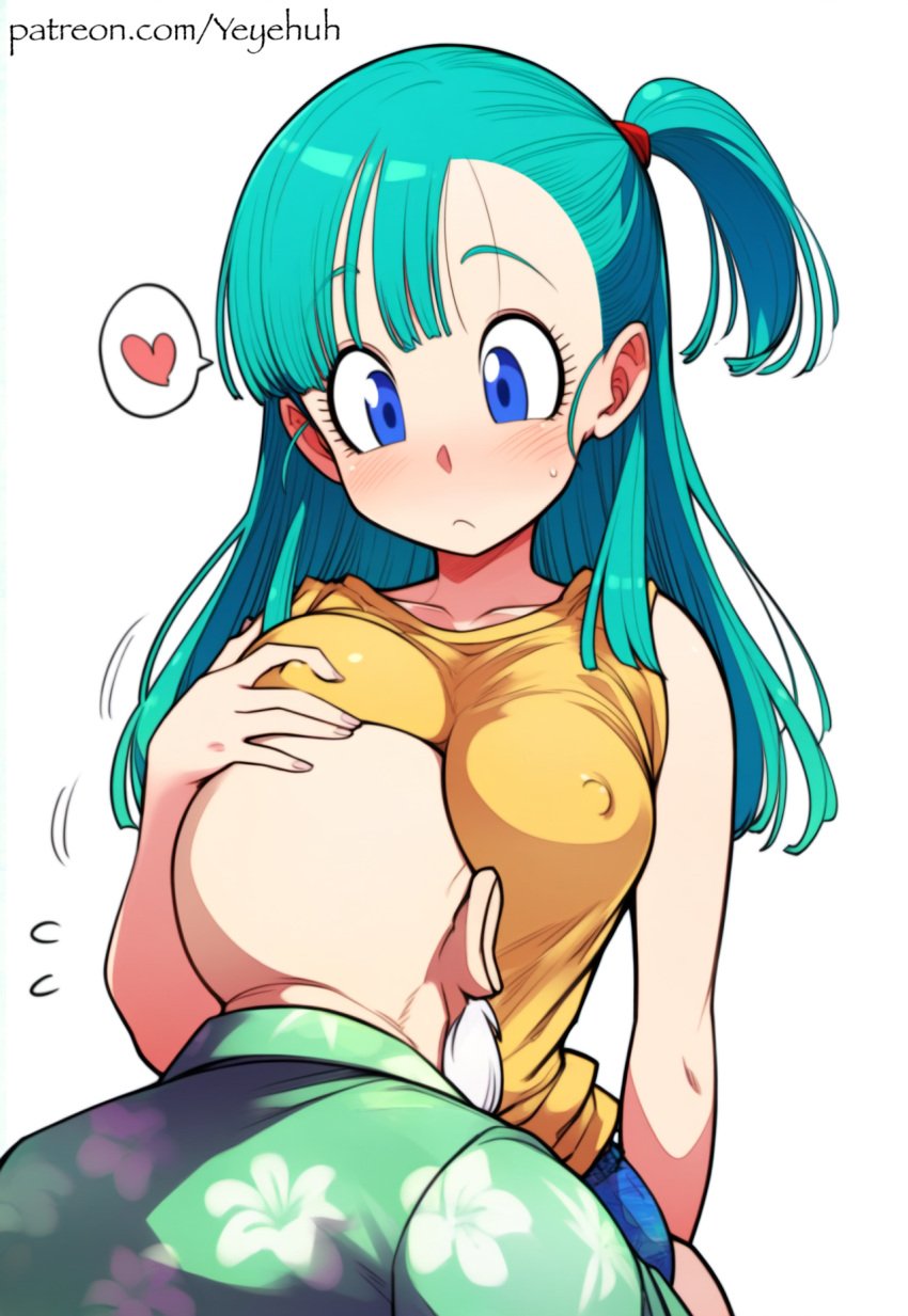 1girl age_difference ai_generated arms_around_partner breasts breasts_squeezed_together bulma_briefs clothed clothing covered_nipples dragon_ball face_between_breasts face_in_breasts grabbing heart large_breasts master_roshi medium_breasts motorboating muten_roushi nipples older_male patreon pervert puff_puff shiny_skin side_ponytail yeyehuh